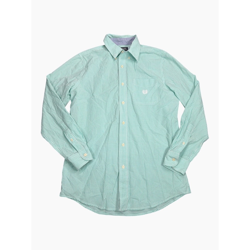 Chaps‎ Mens Small Green White Gingham Easy Care Button Down Shirt Long Sleeve